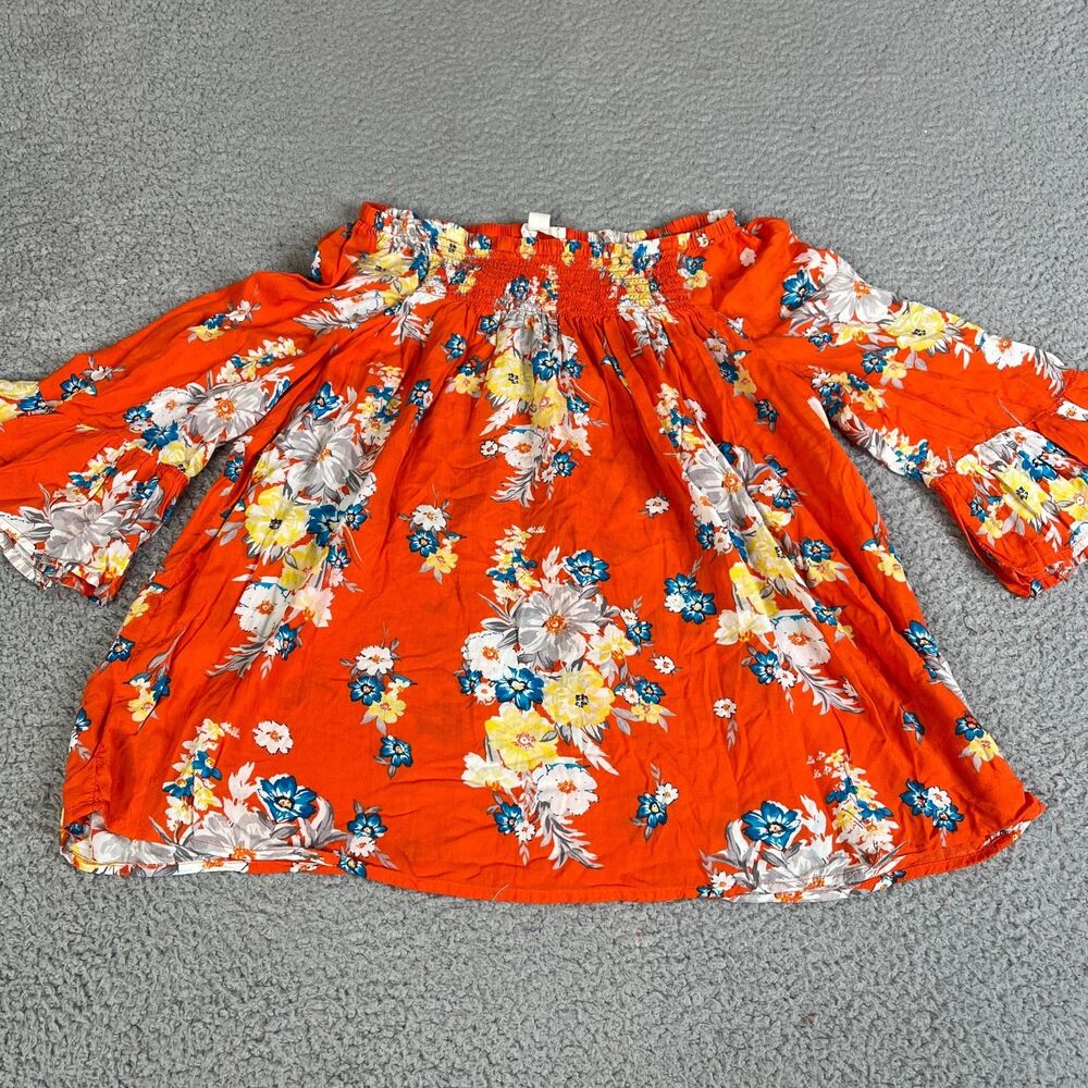 BEACH LUNCH LOUNGE Blouse Small Orange Blue Floral Bell Sleeve Off The Shoulder